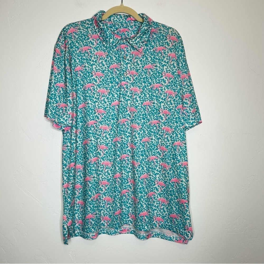 Chubbies Teal Pink Flamingo Polo Shirt Poolside Size XL Vacation Resort Wear